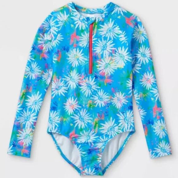 Cat & Jack Other - Cat & Jack Girls Long Sleeve Zip-Front One Piece Rash Guard Blue Medium